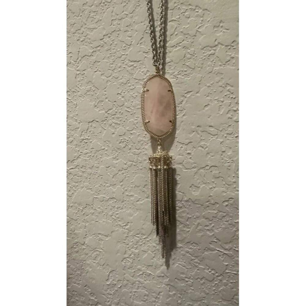 Kendra Scott Rayne gold tone tassel pale pink stone necklace